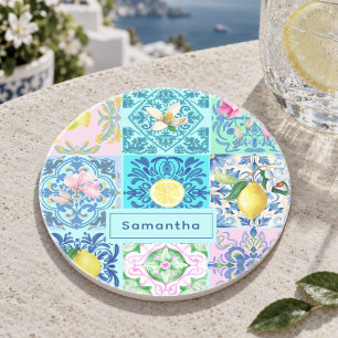 Dessous De Verre En Grès Motif Azulejo Sicilien Turquoise d'Été Amalfi