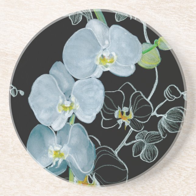 Dessous De Verre En Grès Motif blanc d'orchidées d'aquarelle (Devant)