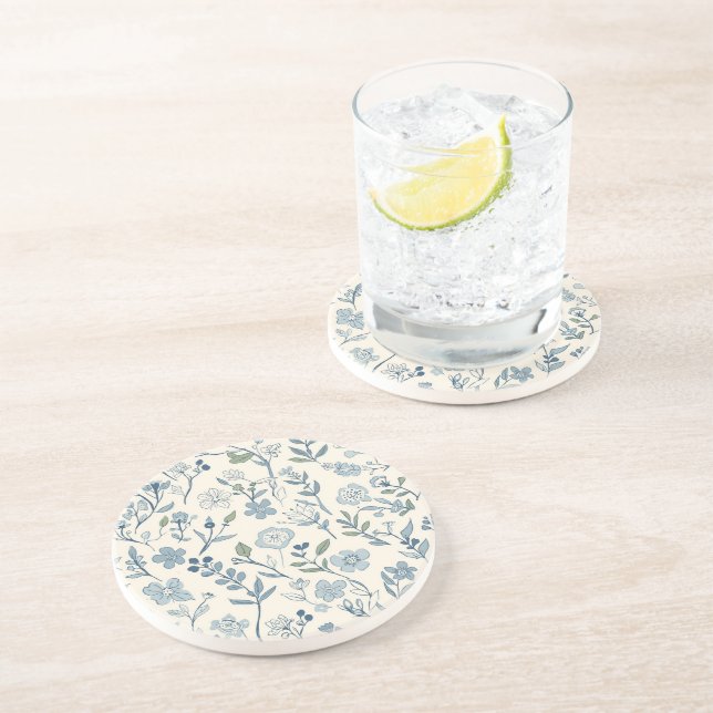 Dessous De Verre En Grès Motif botanique de prairie de fleurs sauvages bleu (Côté)
