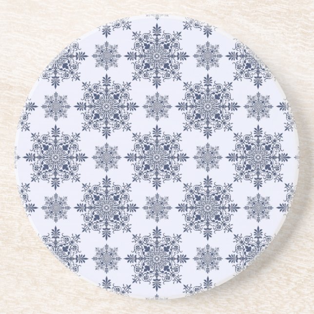 Dessous De Verre En Grès Motif Damas de flocon bleu (Devant)
