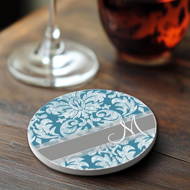 Dessous De Verre En Grès Motif damassé de tableau noir sarcelle et blanc (Sandstone Coaster)