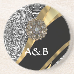 Dessous De Verre En Grès Motif damassé floral noir et blanc
