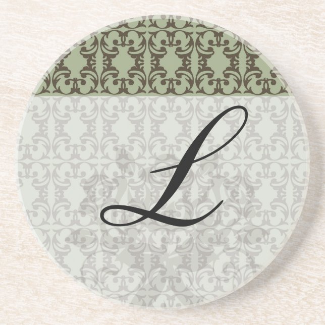 Dessous De Verre En Grès motif damassé vert olive sauge et marron orné (Devant)