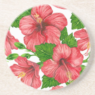 Dessous De Verre En Grès Motif d'aquarelle d'hibiscus rouge