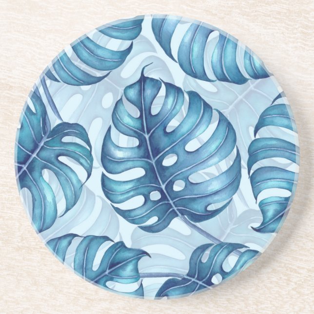 Dessous De Verre En Grès Motif d'aquarelle Monstera bleu (Devant)