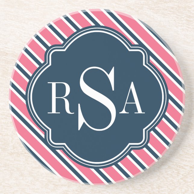 Dessous De Verre En Grès Motif de bande blanche rose monogramme (Devant)