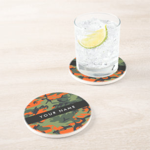 Dessous De Verre En Grès Motif de camouflage orange, Votre nom, Personnalis
