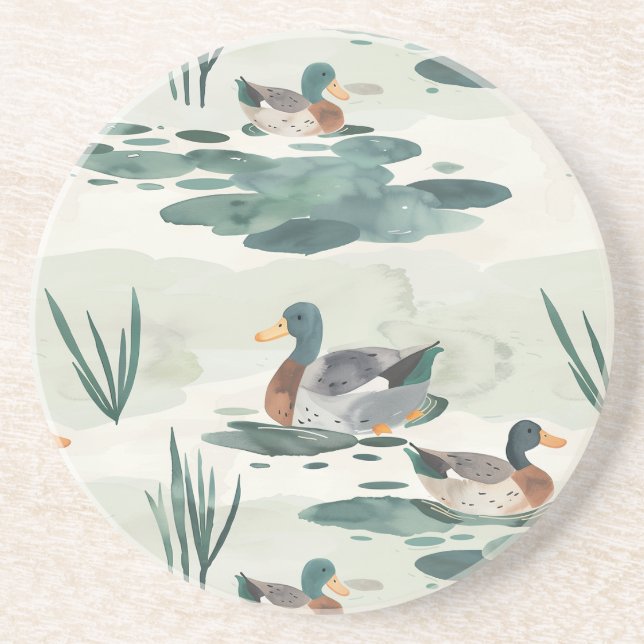 Dessous De Verre En Grès Motif de canards d'aquarelle mignonne (Devant)