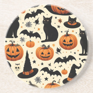 Dessous De Verre En Grès Motif de chat noir et de citrouille sur le thème d