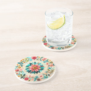 Dessous De Verre En Grès Motif de courtepointe de fleurs