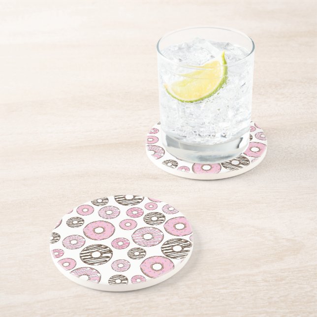 Dessous De Verre En Grès Motif De Donuts, Donuts Roses, Donuts Blancs (Côté)