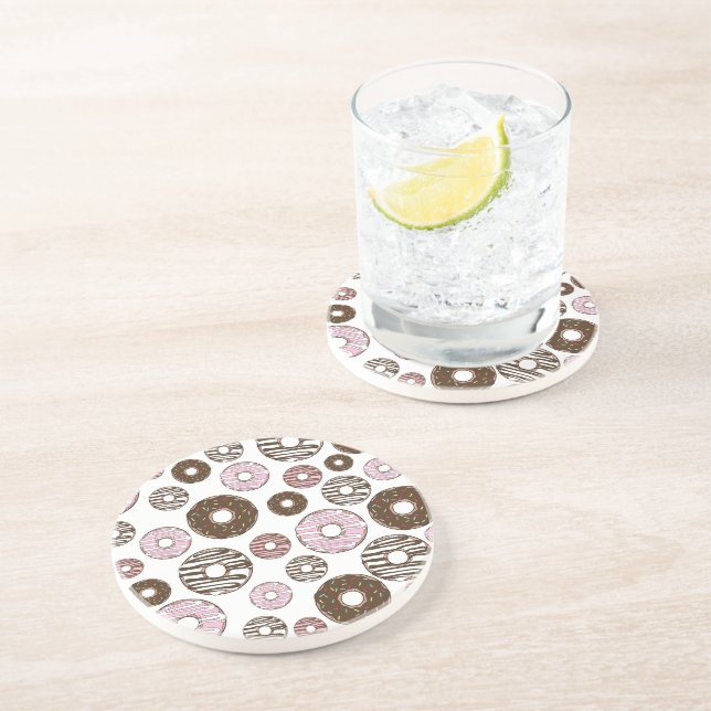 Dessous De Verre En Grès Motif De Donuts, Donuts Roses, Donuts Brown (Côté)