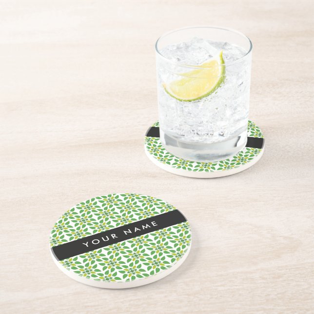 Dessous De Verre En Grès Motif de feuille, feuilles vertes, votre nom (Côté)