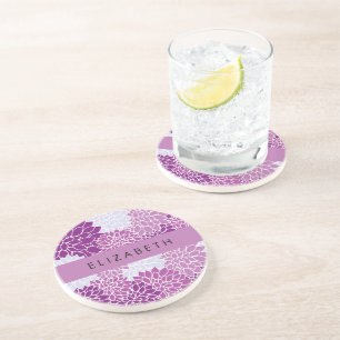 Dessous De Verre En Grès Motif De Fleurs, Dahlia Violet, Votre Nom
