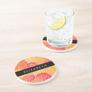 Dessous De Verre En Grès Motif De Fleurs, Orange Dahlia, Votre Nom