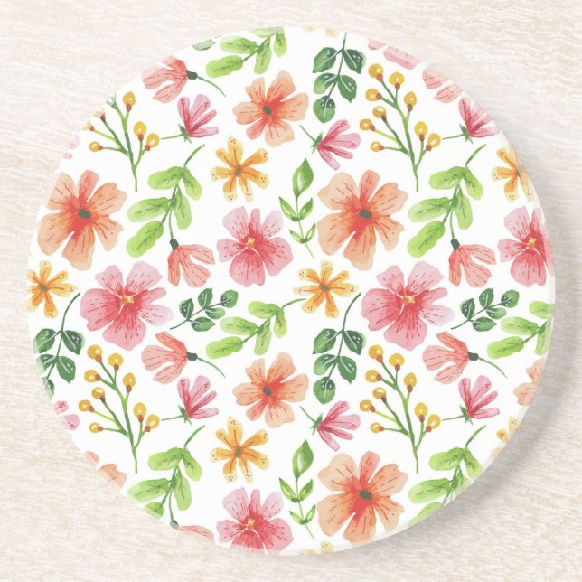 Dessous De Verre En Grès Motif de fleurs roses à l'aquarelle (Devant)
