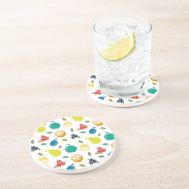 Dessous De Verre En Grès Motif de fruits, Plum, Orange, Citron, Poire, Pomm (Côté)
