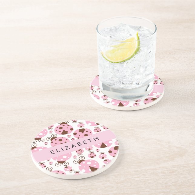 Dessous De Verre En Grès Motif De Ladybugs, Ladybugs Rose, Votre Nom (Côté)
