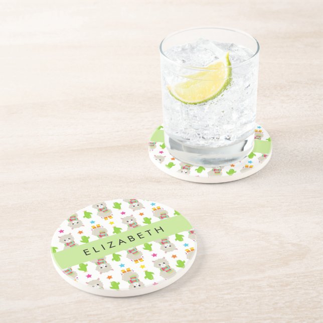 Dessous De Verre En Grès Motif De Llamas, Alpacas, Cactus, Votre Nom (Côté)