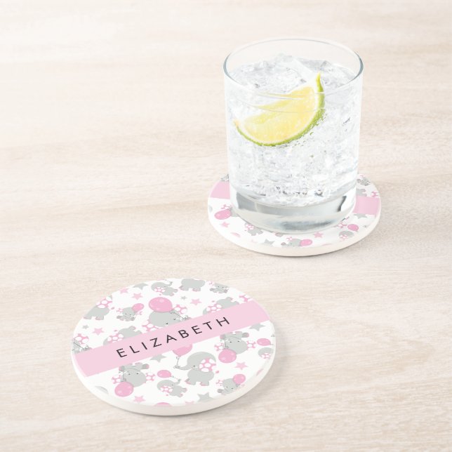 Dessous De Verre En Grès Motif D'Eléphants, Eléphants Mignons, Votre Nom (Côté)