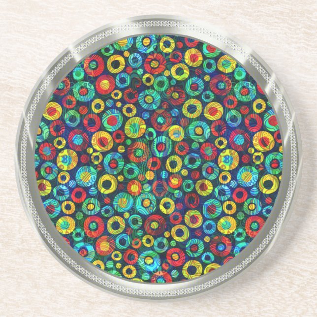 Dessous De Verre En Grès Motif des cercles géométriques rétro-argenté et co (Devant)