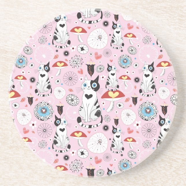 Dessous De Verre En Grès motif des chats et des fleurs (Devant)