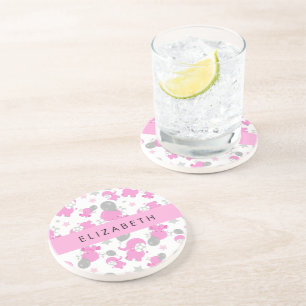 Dessous De Verre En Grès Motif Des Eléphants Roses, Étoiles, Votre Nom