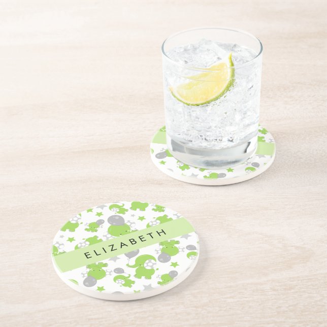Dessous De Verre En Grès Motif Des Eléphants Verts, Étoiles, Votre Nom (Côté)