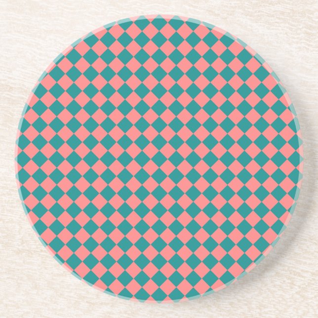 Dessous De Verre En Grès Motif diamant rose Cyan Checker (Devant)