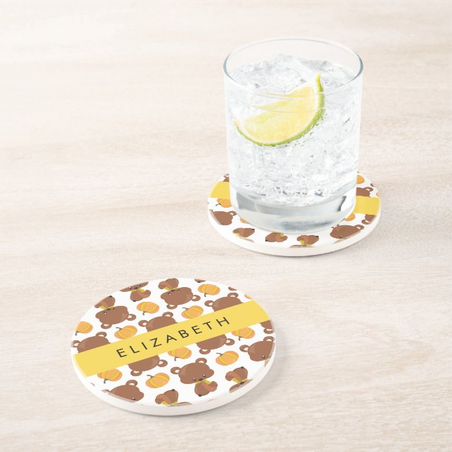 Dessous De Verre En Grès Motif D'Ours, Mignons Ours, Citrouille, Votre Nom (Côté)