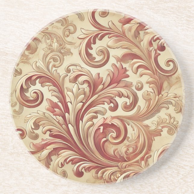 Dessous De Verre En Grès Motif doux rouge et or Damask (Devant)