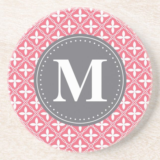 Dessous De Verre En Grès Motif en treillis fleuri rose monogramme (Devant)