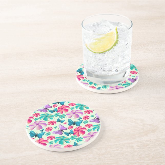 Dessous De Verre En Grès Motif esthétique papillon et fleur  (Côté)