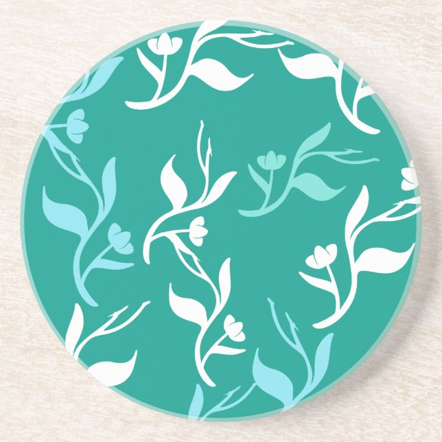 Dessous De Verre En Grès Motif Feuille blanc Turquoise (Devant)