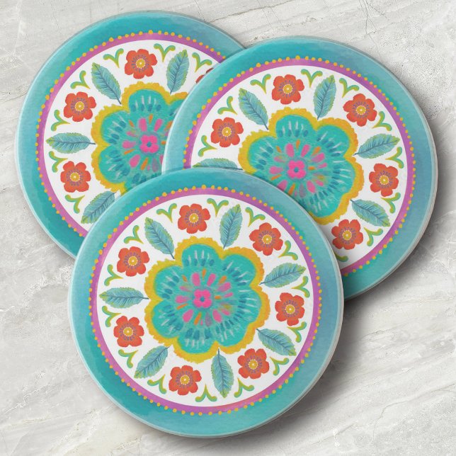 Dessous De Verre En Grès Motif floral aquarelle couleur vive (Cute bright floral watercolor kitchen coasters. A pretty accent piece to your decor.)