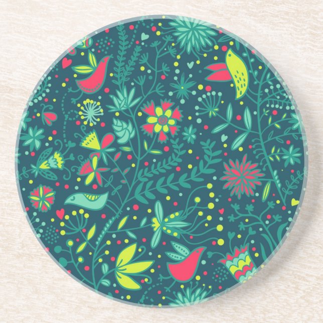 Dessous De Verre En Grès Motif floral avec des oiseaux de bande dessinée (Devant)