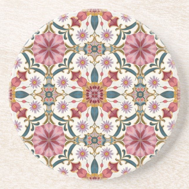 Dessous De Verre En Grès Motif floral boho en rouge, rose et sarcelle (Devant)