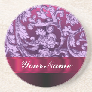 Dessous De Verre En Grès Motif floral damassé mauve sur magenta