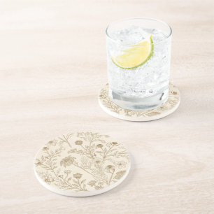 Dessous De Verre En Grès Motif floral de dessin au trait botanique sépia an