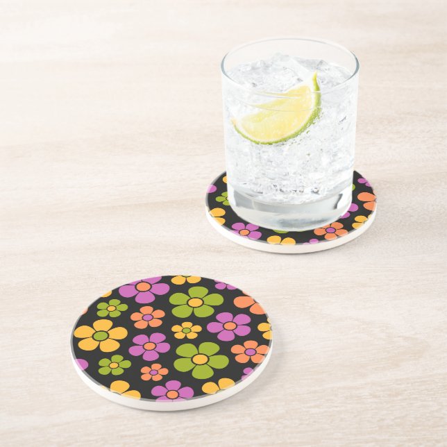 Dessous De Verre En Grès Motif floral milieu mod style Rétro 1960 (Côté)