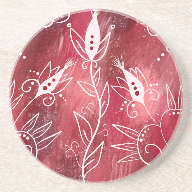 Dessous De Verre En Grès Motif Floral Rouge Et Blanc (Devant)
