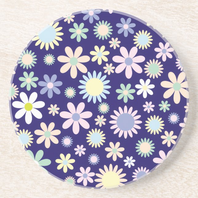 Dessous De Verre En Grès Motif floral sur fond bleu (Devant)