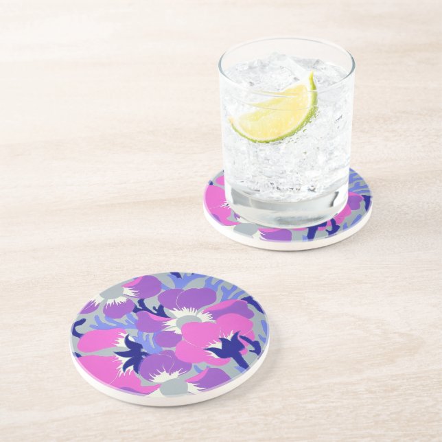 Dessous De Verre En Grès Motif floral violet et rose (Côté)