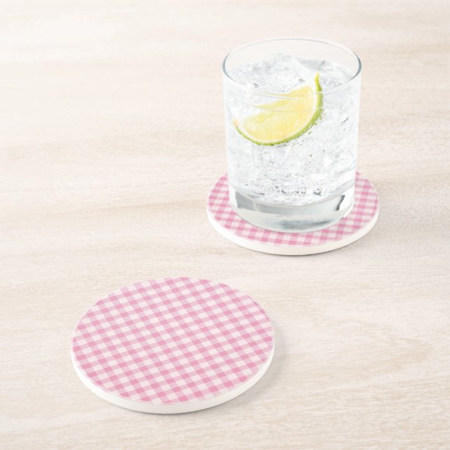 Dessous De Verre En Grès Motif Gingham Rose Bébé (Côté)