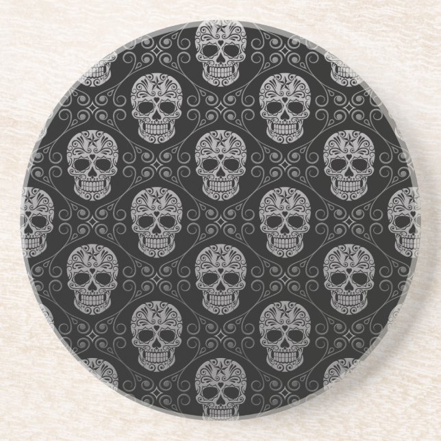 Dessous De Verre En Grès Motif gris et noir de crâne de sucre (Devant)