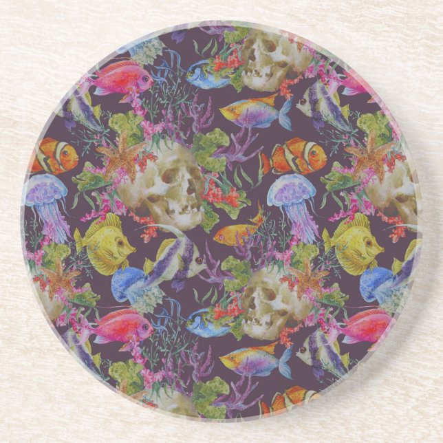 Dessous De Verre En Grès Motif grunge de vie marine (Devant)