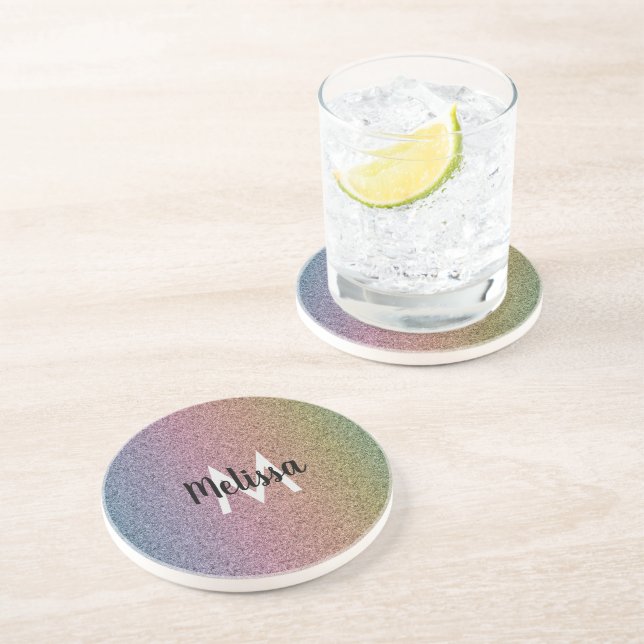 Dessous De Verre En Grès Motif initial de faux paillettes arc-en-ciel  (Côté)