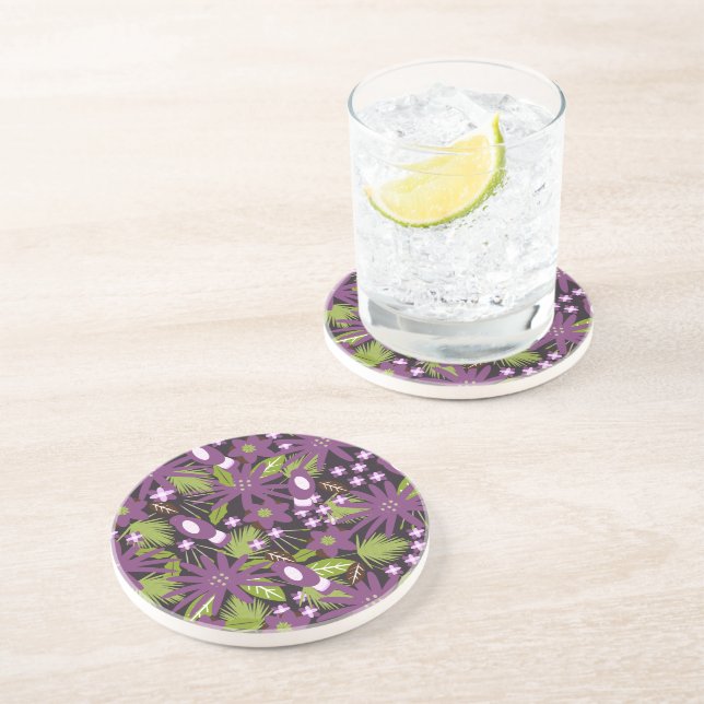 Dessous De Verre En Grès Motif Jungle Bird Purple Verdure Tropical  (Côté)