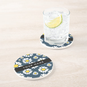 Dessous De Verre En Grès Motif Marguerite, Marguerites Blanches, Votre Nom