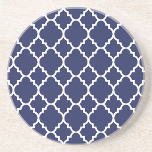 Dessous De Verre En Grès Motif marocain blanc de Quatrefoil de bleu marine